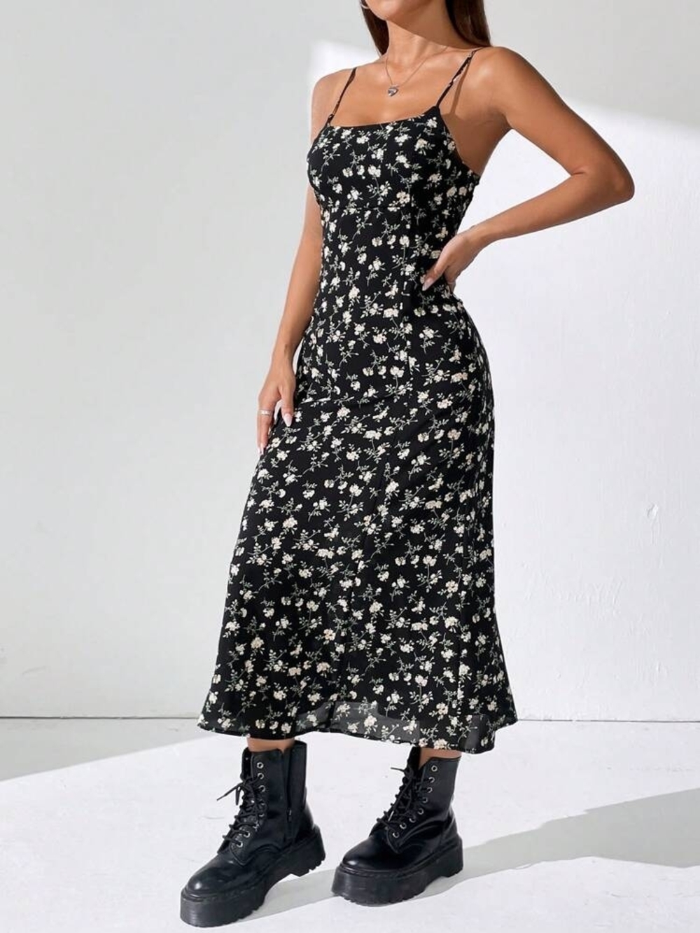 SHEIN Black Floral Slip Midi Dress with Cream Blossoms